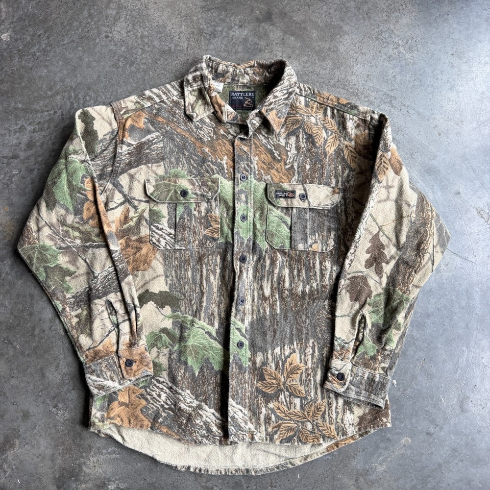 Vintage Rattlers Brand Realtree Camo Heavy Chamois Shirt Mens L USA Made Fall